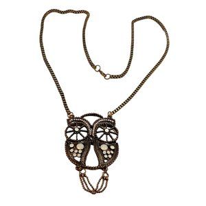 Owl Pendant Necklace Brass Rhinestone Filigree Bird Eclectic Boho Good Luck 27"